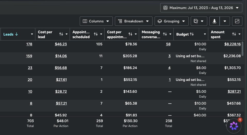 Meta Ads Manager: 703 leads and 259 appointments scheduled